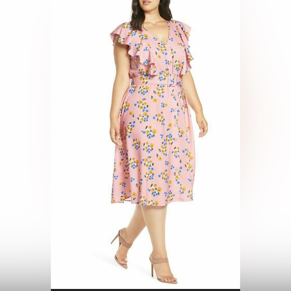 Eloquii Floral Pink Ruffle Sleeve dress
